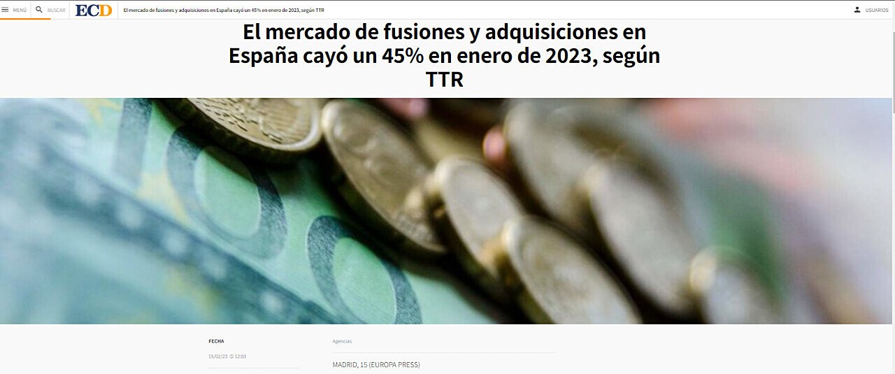 El mercado de fusiones y adquisiciones en Espaa cay un 45% en enero de 2023, segn TTR